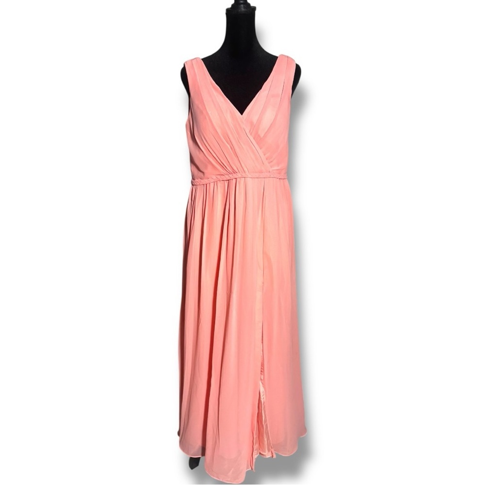 Azazie Coral Pink V-neck and Back High Slit Braided Waist Sleeveless Maxi Dress - Picture 4 of 16
